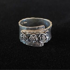 PZ Israel 925 Sterling Silver Vintage 3D Rose Flower Ring Band Cuff Size 11
